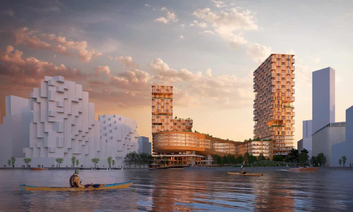 Tilbúin mynd af mögulegri sýn til timburháhýsahverfis sem mögulega gæti risið á bökkum Ontario-vatns í borginni Toronto. Ljósmynd frá Heatherwick Studio Tilbúin mynd af mögulegri sýn til timburháhýsahverfis sem mögulega gæti risið á bökkum Ontario-vatns í borginni Toronto. Ljósmynd frá Heatherwick Studio