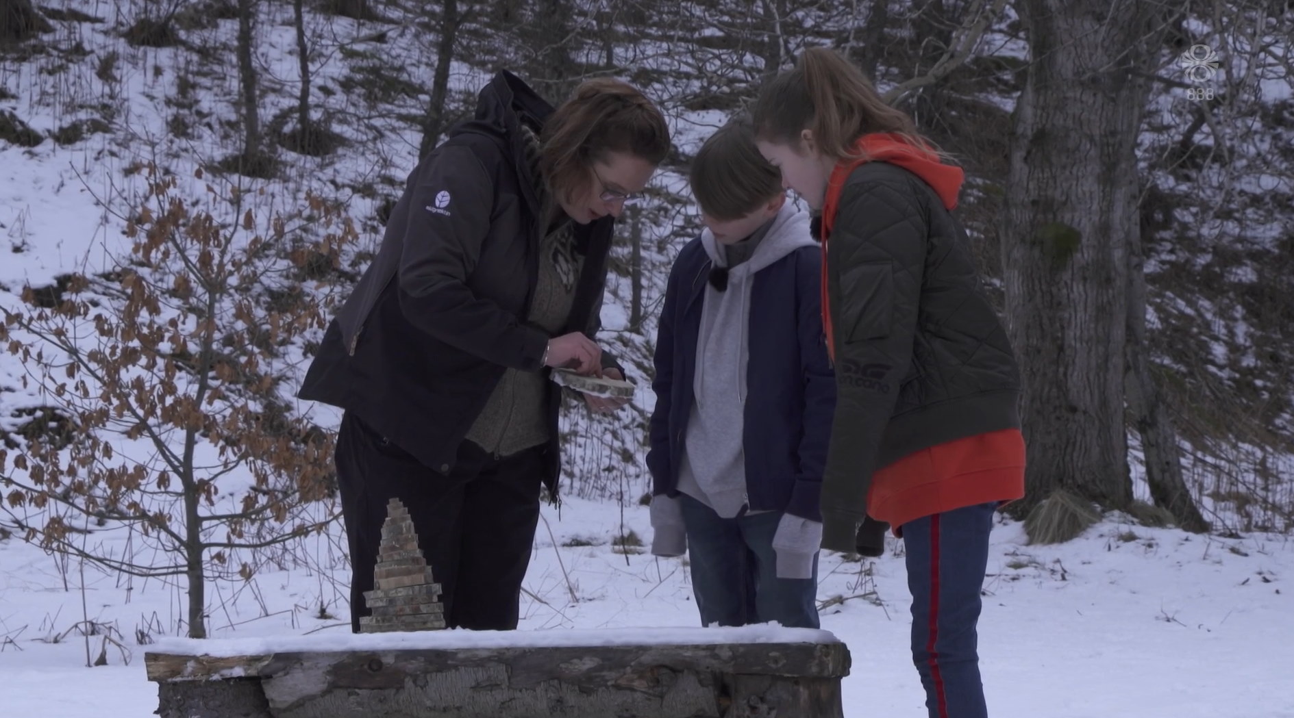 Edda sýnir Baldri Birni og Lindu Ýri hvernig árhringir í trjám segja okkur til um aldur þeirra. Skjámynd úr Stundinni okkar