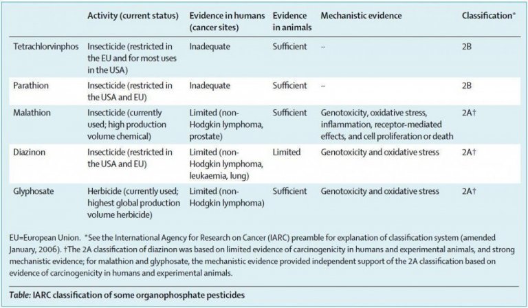 Tafla: Flokkun IARC á nokkrum illgresis- og skordýralyfjum úr lífrænum fosfötum. Úr The Lancet Oncology 20.03.2015.