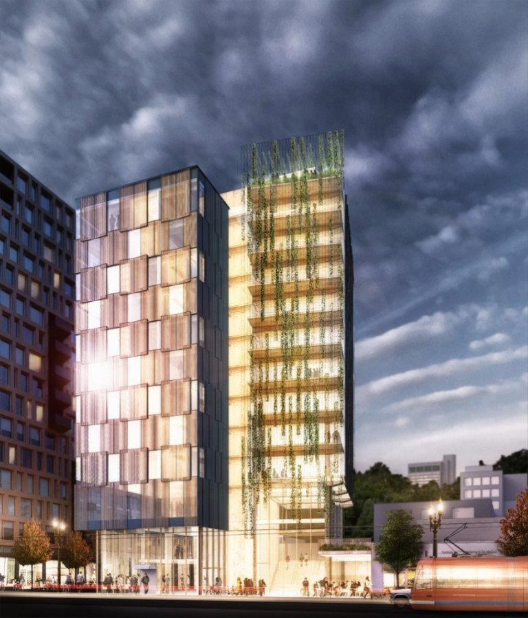 Hér má sjá útlit tólf hæða byggingarinnar sem reist verður í Portland. Í húsinu verða bæði íbúðir og atvinnuhúsnæði. Mynd: LEVER Architecture.