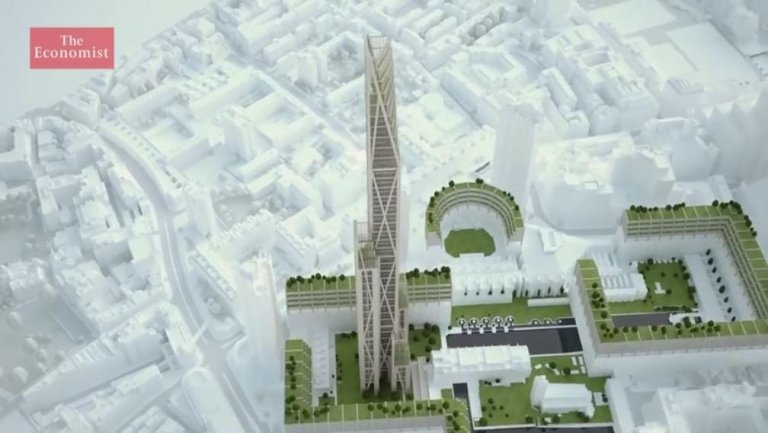 Eikarskógarturninn, Oakwood Tower, er hugmynd að 300 metra háum turni sem risið gæti á undirstöðum menningarmiðstöðvarinnar Barbican Center í Lundúnum. Grunnstoðirnar yrðu úr 2,5 metra þykkum gegnheilum krosslímdum viði.<br />
Skjámynd úr myndbandi The Economist.