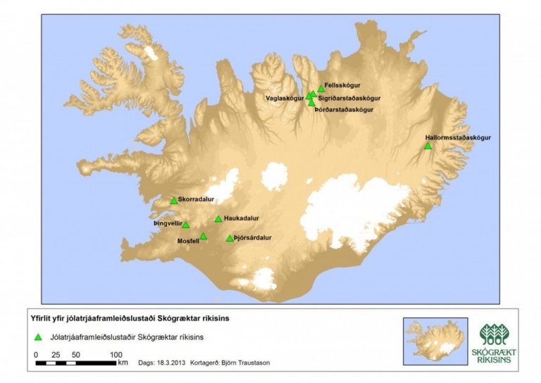 Yfirlit yfir þá staði þar sem Skógrækt ríkisins framleiddi jólatré árið 2013.<br />
Kortagerð: Björn Traustason, Mógilsá..