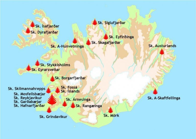 Yfirlit yfir sölu jólatrjáa frá skógræktarfélögum víða um land.<br />
Mynd: Skógræktarfélag Íslands (2012).