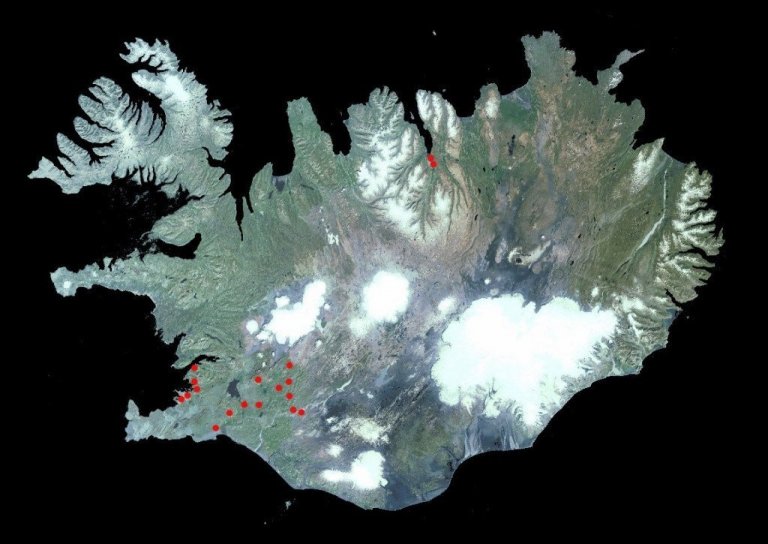 Staðfestir fundarstaðir birkiþélu haustið 2017.<br />
Grunnmynd: Landmælingar Íslands.